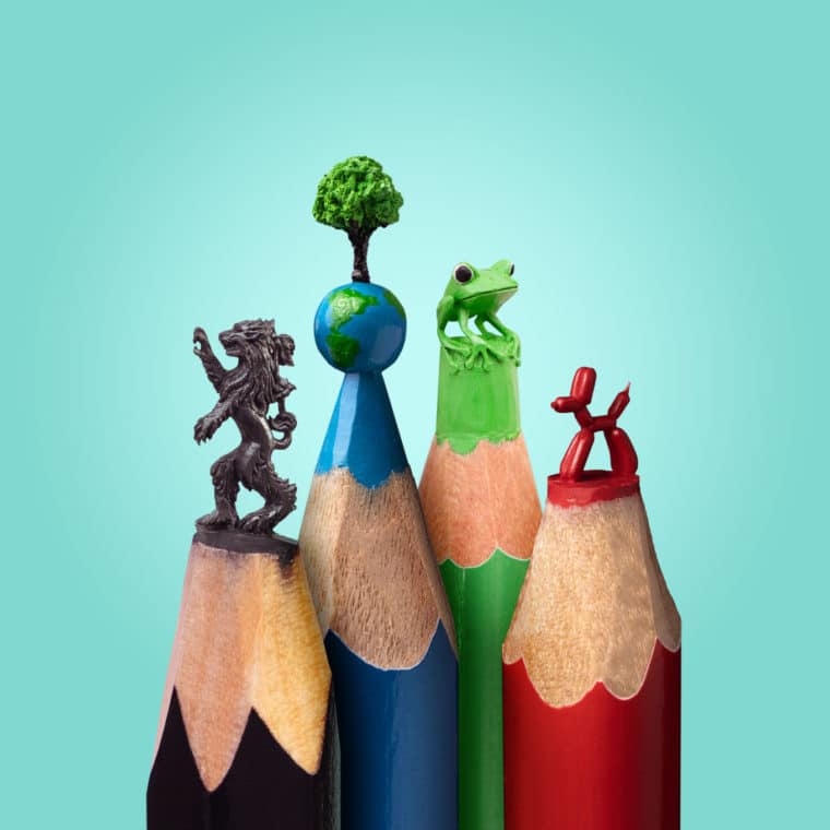Salavat Fidai microsculptures on the tip of a pencil - lion from House of Lannister, Game of Thrones; tree and earth, frog and balloon dog